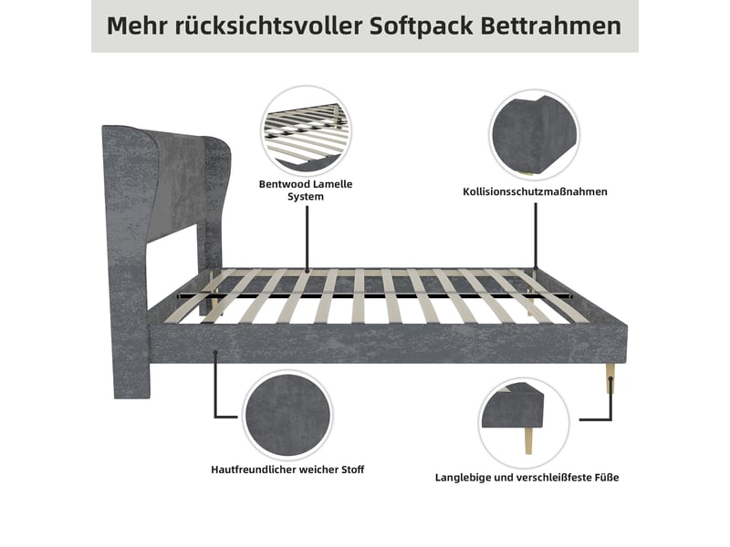 Lit adulte 140 x 200 cm, lit double, tête de lit et sommier, socle bas, velours gris, design moderne, sans matelas - Conforama D