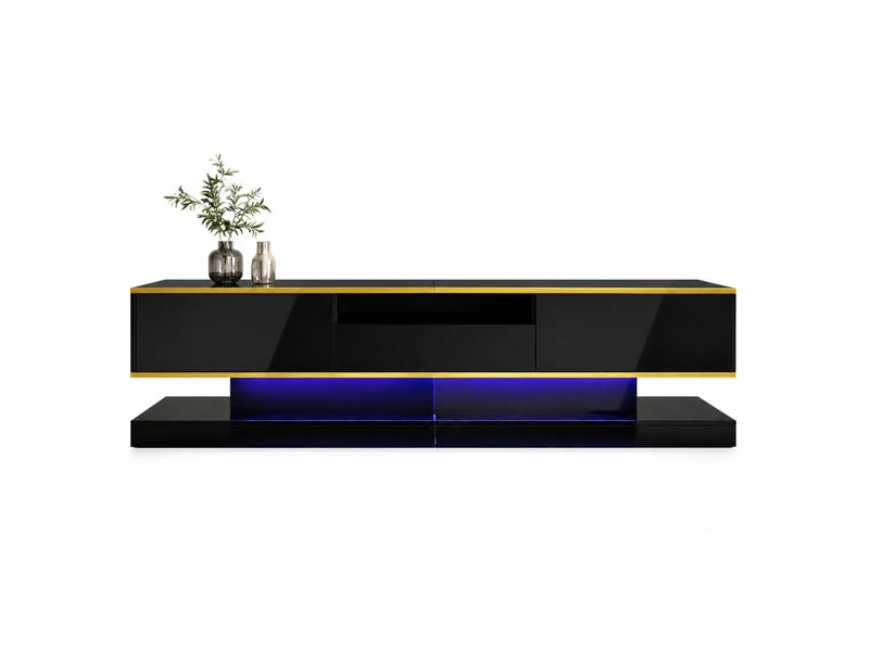  Meuble tv avec 3 tiroirs et éclairage led pour salon 180×38×45 cm en panneaux de particules noir et doré  - Conforama A