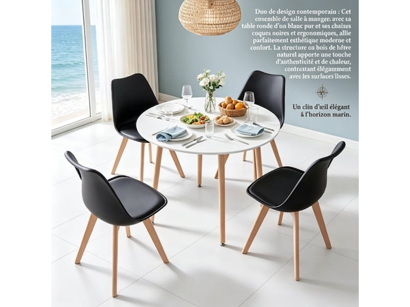  Ensemble table ronde 80 cm et 4 chaises de salle à manger, pieds en bois massif  - Conforama B