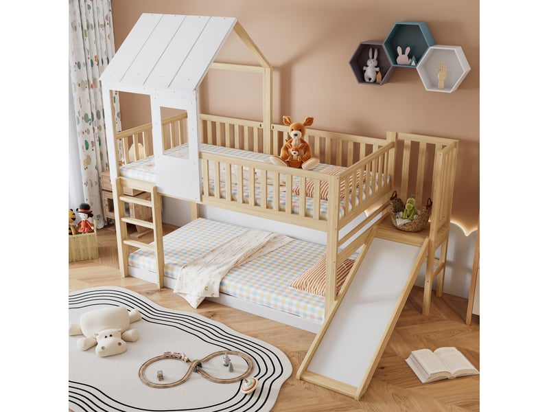  Lit superposé enfant 90 x 200 cm avec toboggan, toit et échelle, naturel blanc  - Conforama D
