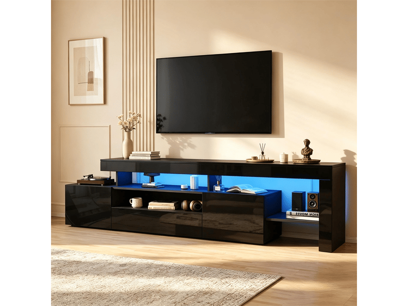  Meuble tv noir pour téléviseur 85 pouces, meuble tv 192 cm avec éclairage led usb, 3 portes et rangements ouverts  - Conforama E