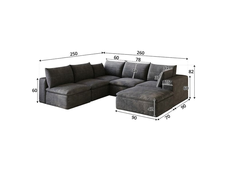  Canapé nuage en velours côtelé 6 places gris foncé modulable 260x250 cm  - Conforama E