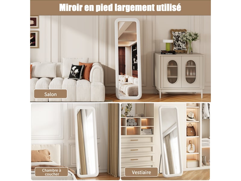  Miroir sur pied 160x50 cm blanc,miroir décoratif ,grand miroir mural avec cadre en flanelle,verre trempé,chambre et salon  - Conforama R