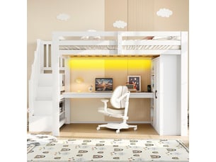 Lit mezzanine 140x200 bureau étagère armoire escalier rangement ports usb éclairage led blanc