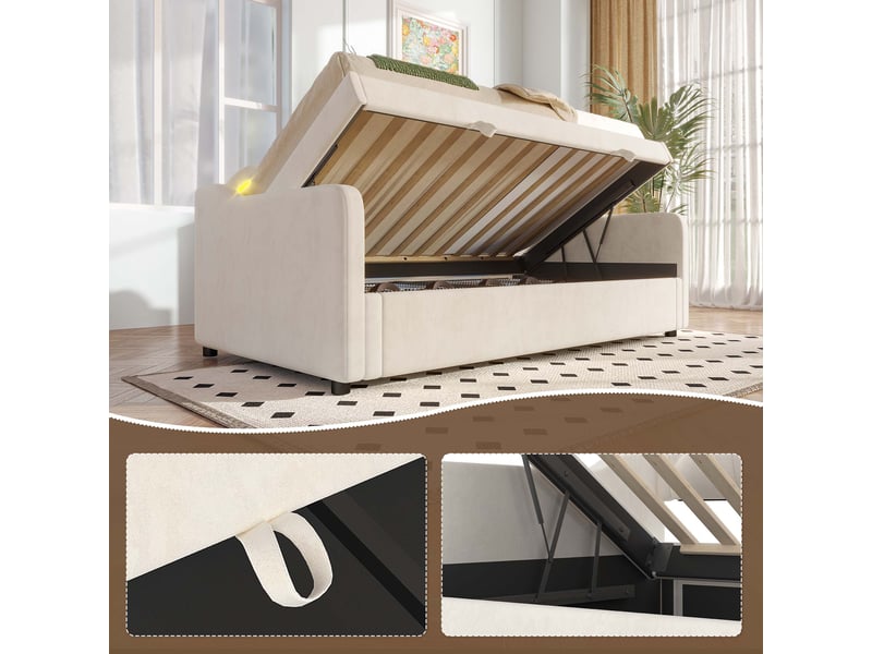  Lit de repos 90x200 en velours beige, canapé-lit avec coffre et éclairage led, 98x214x87cm  - Conforama E