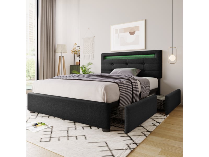  Modenvie lit simple avec tiroirs 90x200 cm - led, tete de lit reglable, sans matelas - noir  - Conforama E