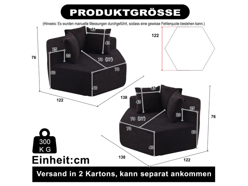 Fauteuil pouf modulable hexagonal avec trois coussins et dessous antidérapant en tissu bouclette noir - Conforama C
