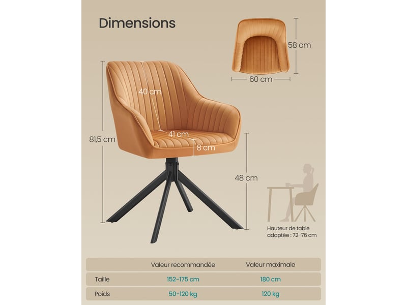  Chaise de salle à manger pivotante avec accoudoirs confort rembourré 58 x 60 x 81,5 cm en velours marron caramel 12_0012242  - Conforama B