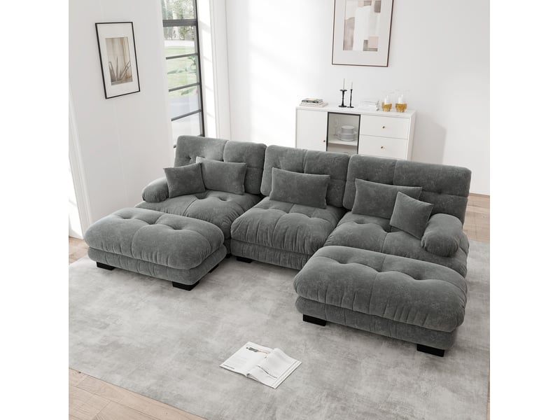 Canapé modulable modenvie 3 places gris en chenille 313 x 145 x 81 cm avec ottomans mobiles - Conforama D