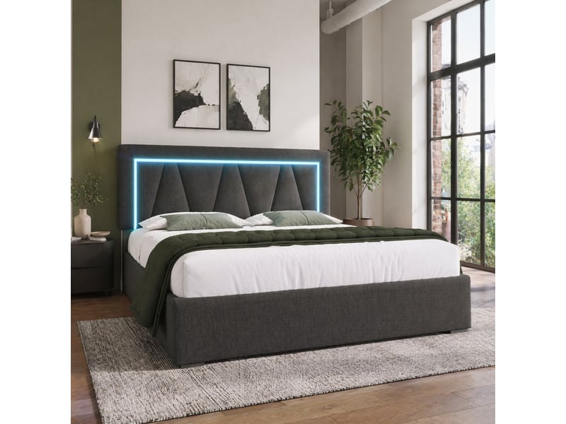  Modenvie lit coffre 140x200 cm - led, ports usb et usb-c, tête de lit réglable, avec matelas - gris  - Conforama B
