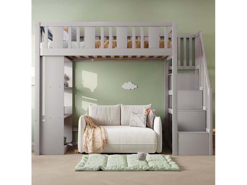 Lit mezzanine enfant 90 x 200 cm avec escalier de rangement et étagères gris - Conforama D