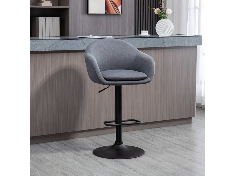  Tabouret de bar réglable pivotant à 360° avec dossier et repose-pieds, tissu aspect lin gris foncé, acier noir  - Conforama B