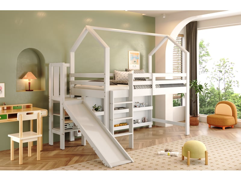  Modenvie lit enfant 90x200 cm - avec toboggan et rangements intégrés, sans matelas - blanc  - Conforama D