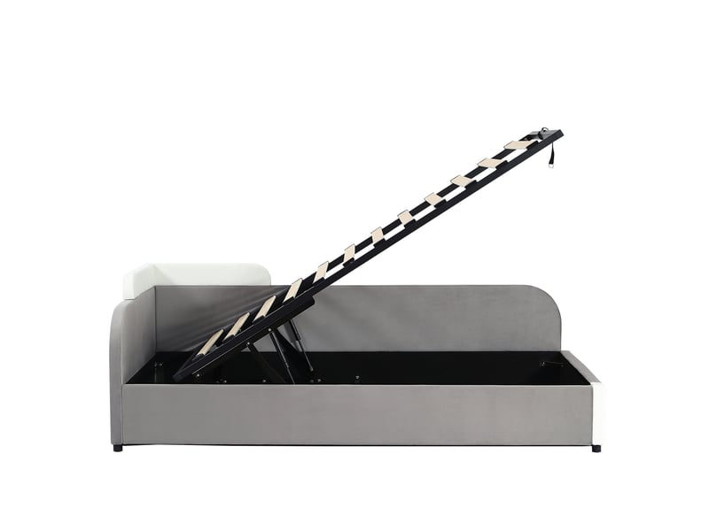  Lit hydraulique avec rangement intégré, barrière de sécurité souple surélevée, sac de rangement au pied du lit, panneau latéral droit, velours et contreplaqué, gris, 90 x 200 cm  - Conforama E