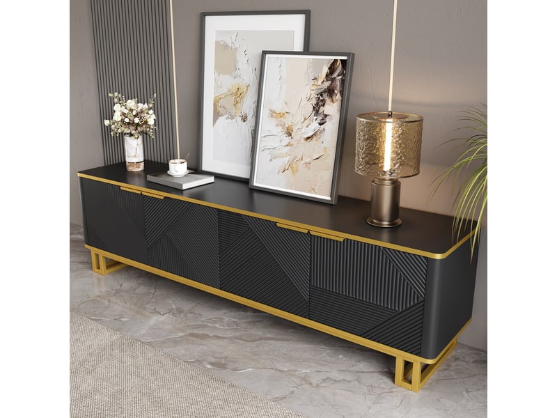  Meuble tv noir design géométrique doré et 4 portes 160cm  - Conforama D