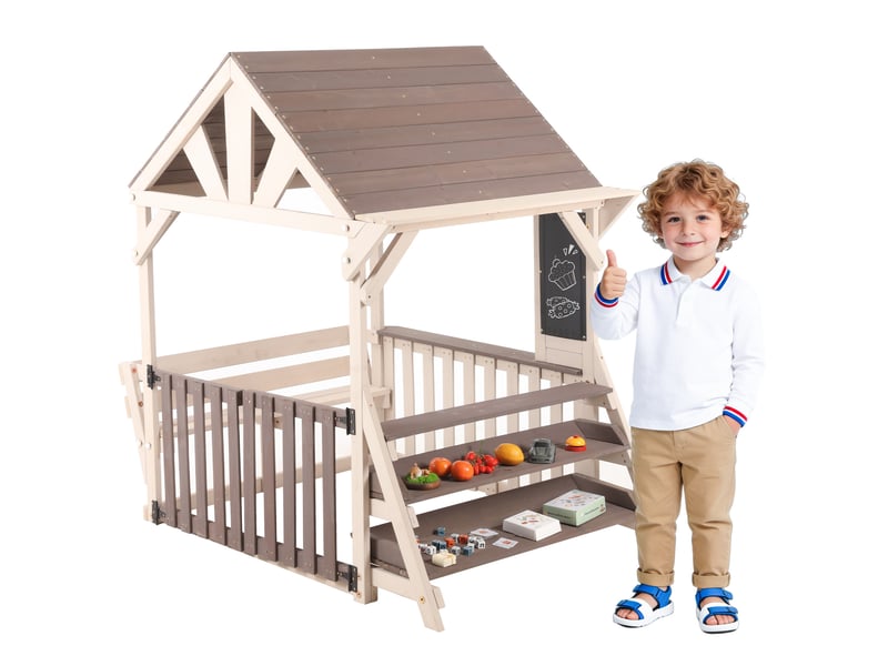  Maison de jeu extérieure en bois pour cuisine avec toit résistant à la pluie et balustrades mi-hautes, étagère polyvalente pour plantes et jouets, gris  - Conforama E