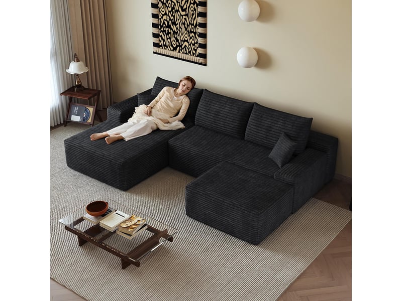 Canapé d'angle modulaire 270cm - canapé en l avec méridienne droite, velours côtelé, sans montage - noir - Conforama C