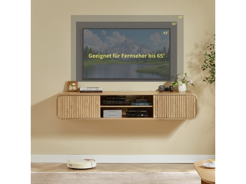  Meuble tv mural 160 cm - étagères ouvertes et placard suspendu - rangement salon et chambre - couleur naturelle  - Conforama D