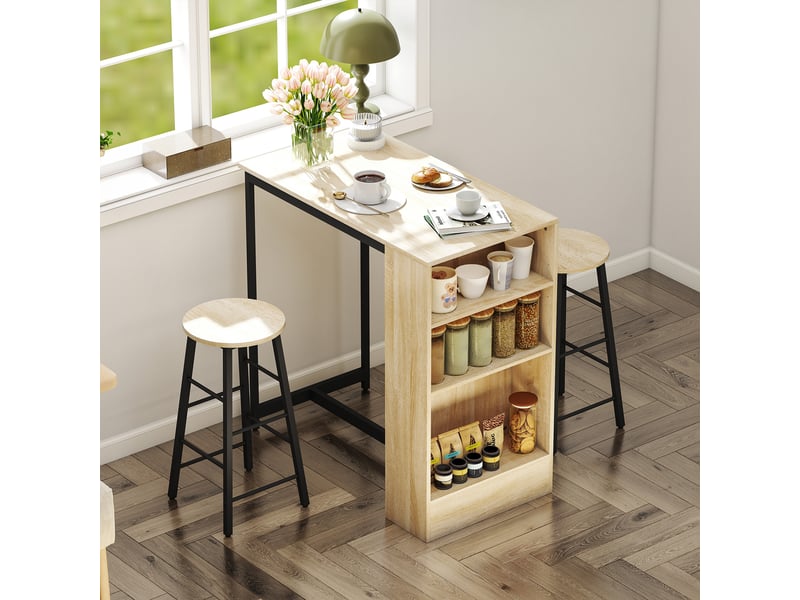  Ensemble table de bar 3 pièces, 1 comptoir, 2 chaises, avec espace de rangement et repose-pieds, gain de place, marron clair et noir  - Conforama D