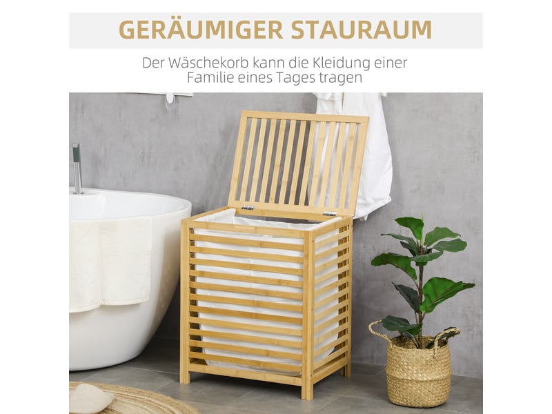  Panier à linge en bambou de 55 l avec couvercle et sac amovible, 50 x 36 x 60 cm, bois naturel  - Conforama D