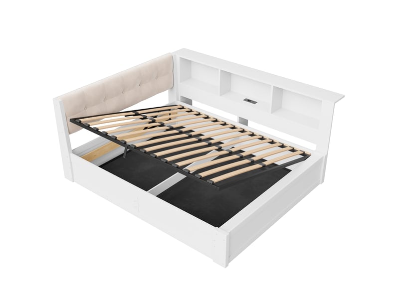  Lit de jour 140x200 lit coffre avec rangement hydraulique, lit simple blanc avec led et port usb  - Conforama A