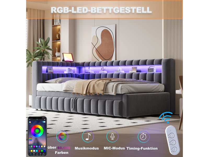 Lit capitonné, lit enfant 90x200 cm, canapé-lit extensible, led, usb, velours gris, réf. 422aae  - Conforama R