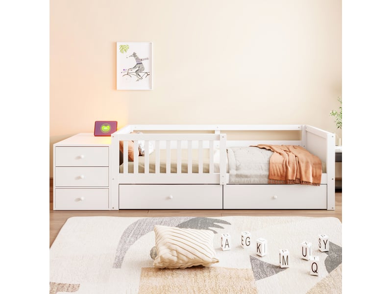  Lit enfant 90x200 cm avec rangement indépendant, prise intégrée, led et barrière de sécurité, bois, blanc, sans matelas  - Conforama D