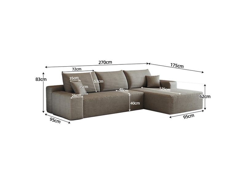  Canapé d'angle  modulaire ,3 places, avec méridienne en l, assise profonde ,aucun assemblage requis,270 × 175 ×83cm, camel  - Conforama C
