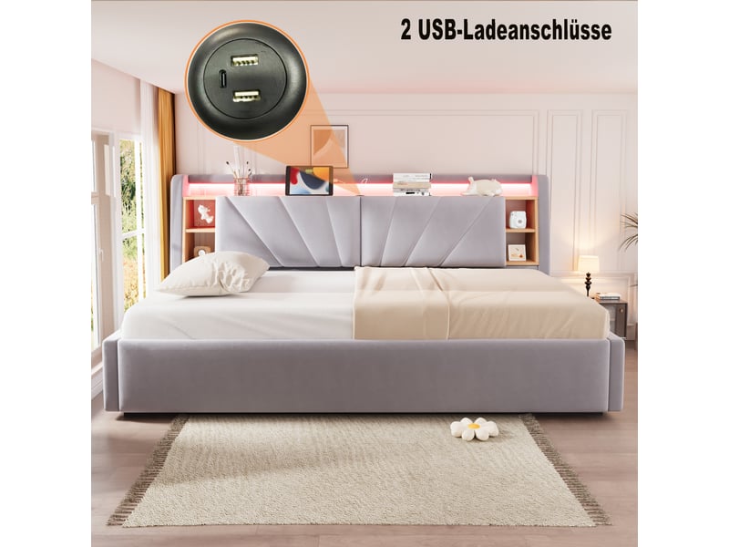  Lit simple 90x200 cm avec rangement hydraulique, tête de lit led avec usb et étagères, lit rembourré en velours avec coffre de rangement - gris clair  - Conforama D