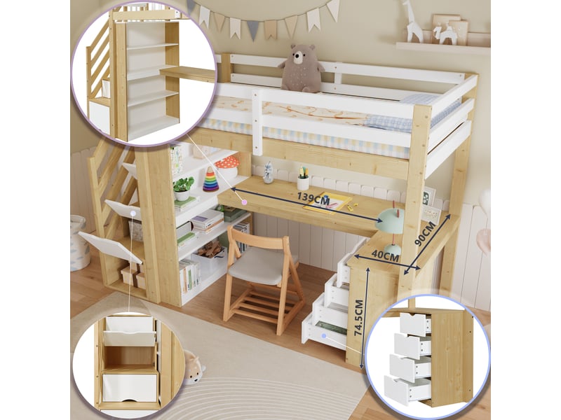  Lit mezzanine enfant 90 x 200 cm avec bureau, étagères, tiroirs et escalier de rangement, bois massif et mdf - blanc et naturel OMNIGLINT TRADING LTD - Conforama E
