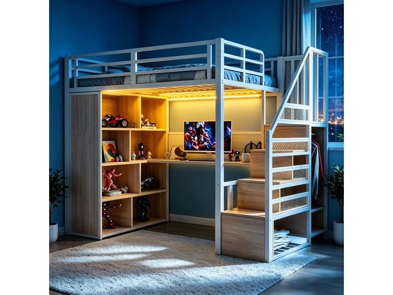  Lit enfant 90x200 cm avec éclairage led, lit simple avec armoire et bureau, lit mezzanine en métal, lit 1 personne, blanc  - Conforama C