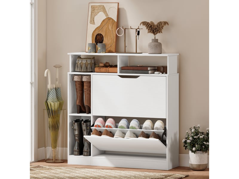 Meuble à chaussures, armoire à chaussures, 2 tiroirs rabattables, compartiments ouverts et étagère réglable, blanc - Conforama B