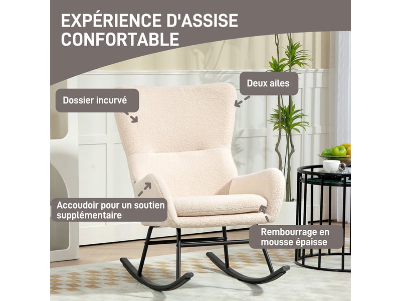  Fauteuil à bascule en tissu peluche et acier beige et noir 66 x 100 x 93 cm  - Conforama E