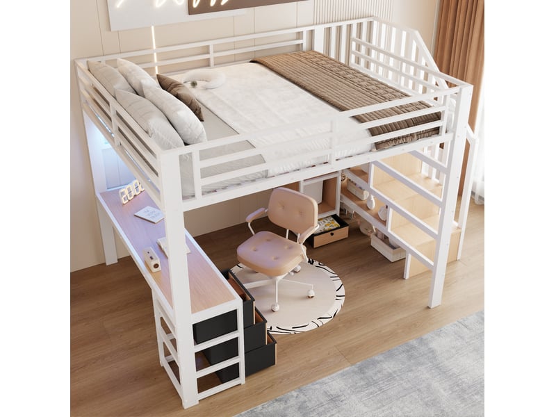  Lit mezzanine enfant 140x200 cm avec bureau, led et rangements blanc  - Conforama D