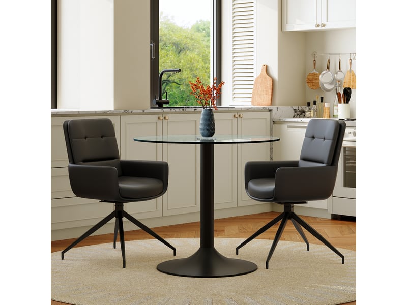  Ensemble table et chaises avec 1 table et 2 chaises pivotantes  - verre trempé, métal et pu - noir transparent  - Conforama B