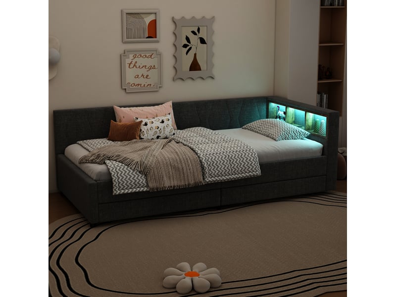  Modenvie lit banquette 90x200 cm - led télécommandée, usb-c et 2 tiroirs, sommier inclus, sans matelas - gris  - Conforama D