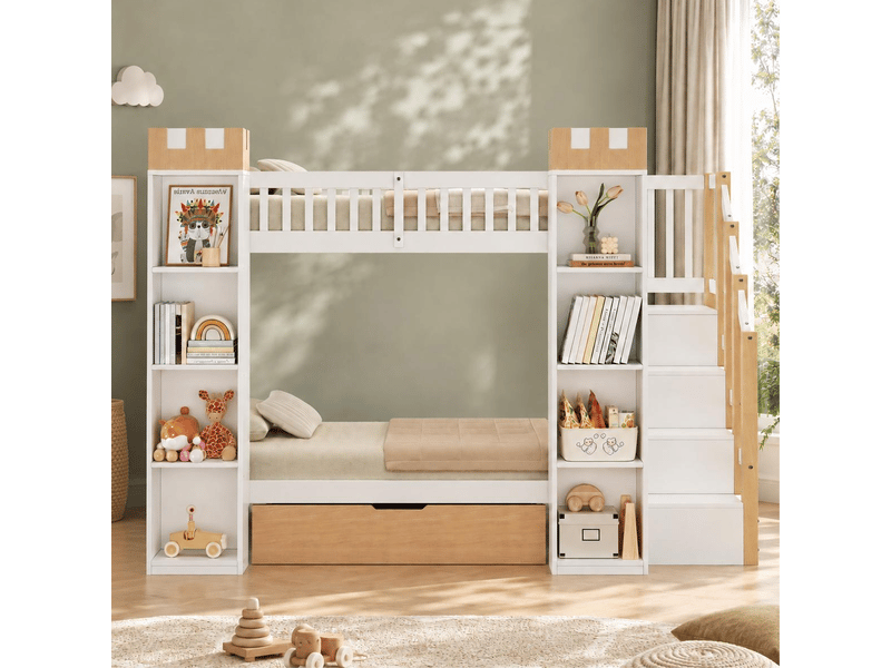 Lit superposé enfant modenvie château 90 x 200 cm avec escalier de rangement, tiroir et barrières blanc et bois naturel - Conforama D