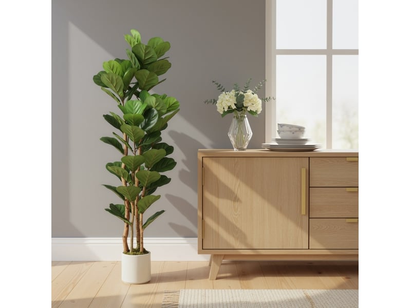  Plante artificielle ficus lyrata 50x50x150 cm – vert – 71 feuilles et tiges flexibles en pot blanc  - Conforama B