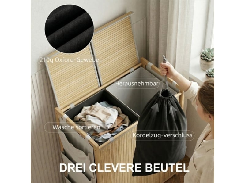  Panier à linge en bambou naturel 120l avec sac amovible à cordon et poches latérales de rangement  - Conforama E