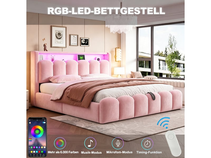  Lit coffre 180x200 cm, lit rembourré, led usb type-c, rangement hydraulique, design pétale, velours rose, sans matelas  - Conforama E