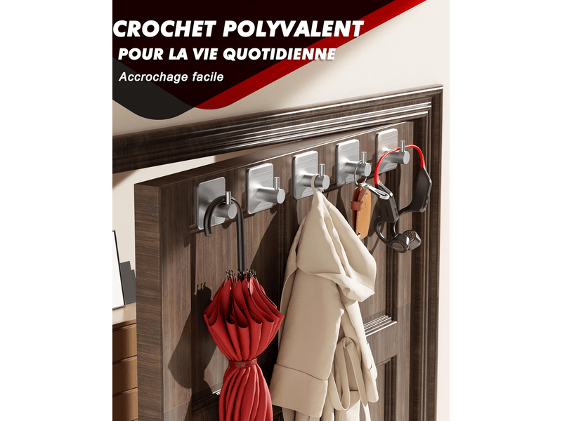  Crochets collants argentés 6 pièces, crochets à serviettes, crochets muraux de salle de bain en acier inoxydable  - Conforama B