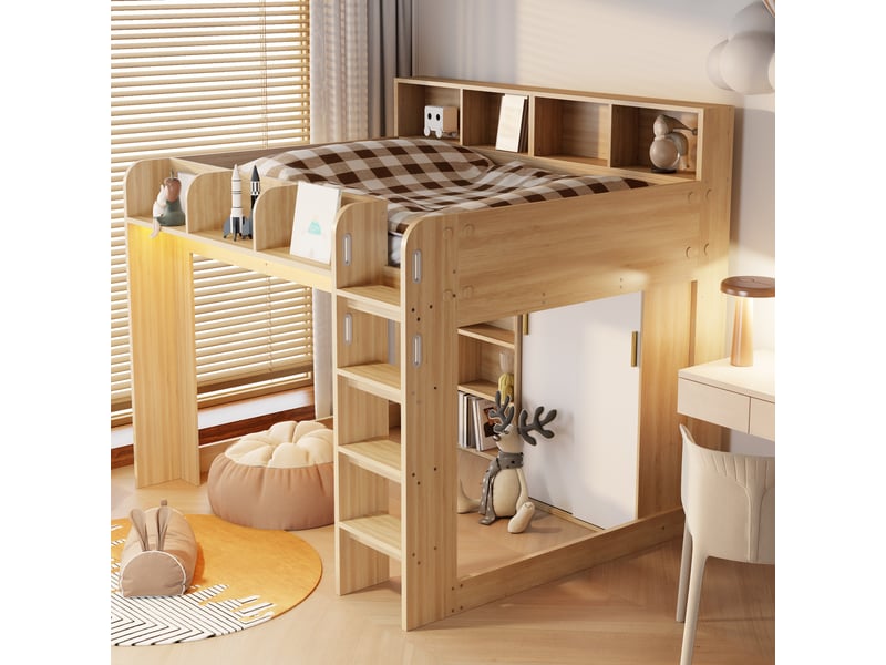 Lit mezzanine enfant 140x200 cm bois naturel, armoire, penderie, rangements et led intégrées IKSETERA TRADING LTD - Conforama B
