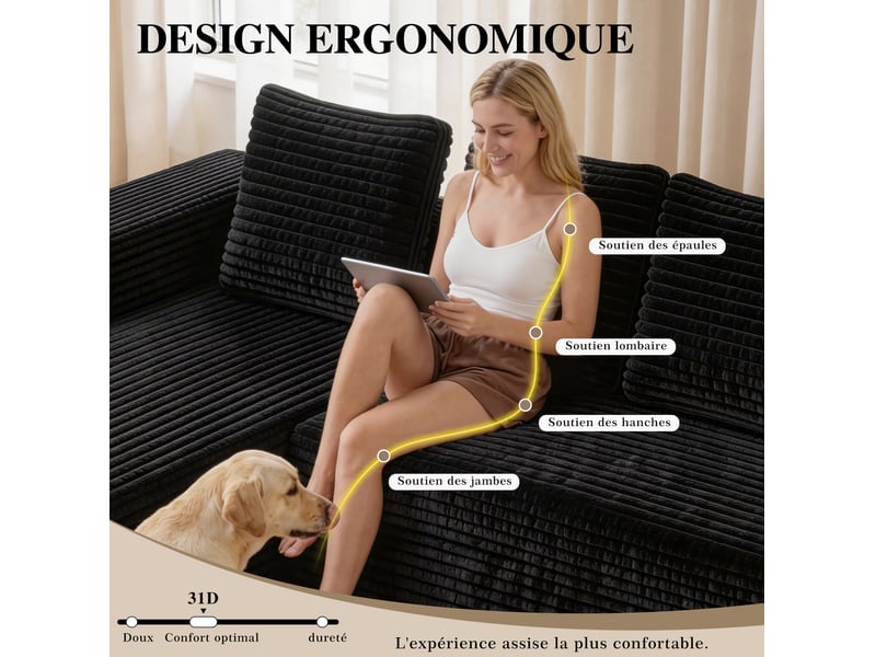  Canapé modulaire avec méridienne réversible, assise moelleuse et sans montage en velours côtelé noir  - Conforama C