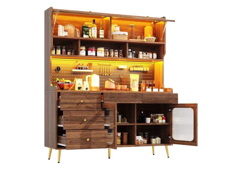  Buffet moderne avec éclairage led et contrôle par application, colonne de rangement étroite pour cuisine et séjour,(145 x 39 x 171 cm), noyer  - Conforama A