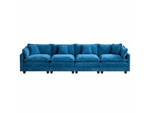 Canapé droit modulable 4 places 380 × 75 × 84 cm en chenille bleu, coussins rembourrés