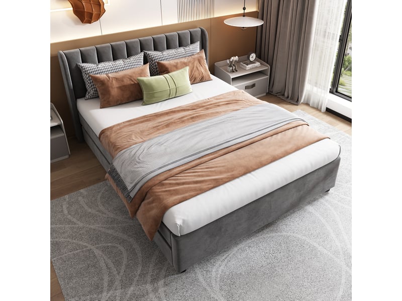  Lit rembourré 140 x 200 cm, sommier à lattes, dossier rembourré, 2 tiroirs de rangement, velours, gris Bliss Lite - Conforama B
