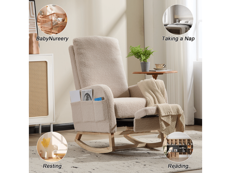 Fauteuil à bascule ergonomique beige, en polaire douce et confortable, avec dossier haut, base en bois incurvée - Conforama W