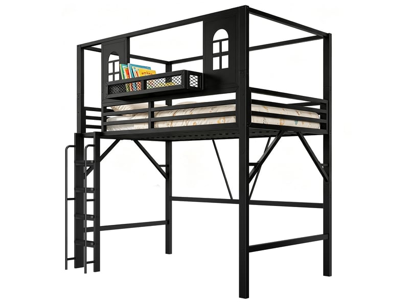  Lit mezzanine enfant tcqpz 90 x 200 cm avec toit, étagère et échelle avec main courante en métal noir  - Conforama A