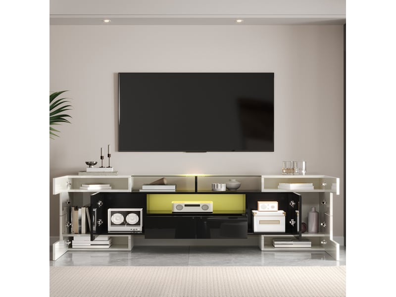  Meuble tv 200x35x60 cm, design moderne, éclairage led multicolore, structure panneau de particules, blanc et noir  - Conforama D
