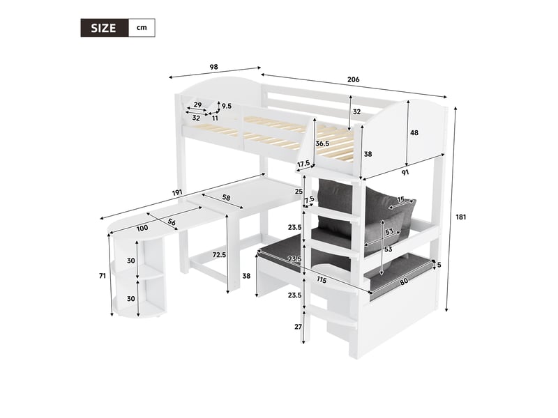  Lit mezzanine enfant 90x200 bois massif blanc avec bureau escamotable canapé et rangement  - Conforama C